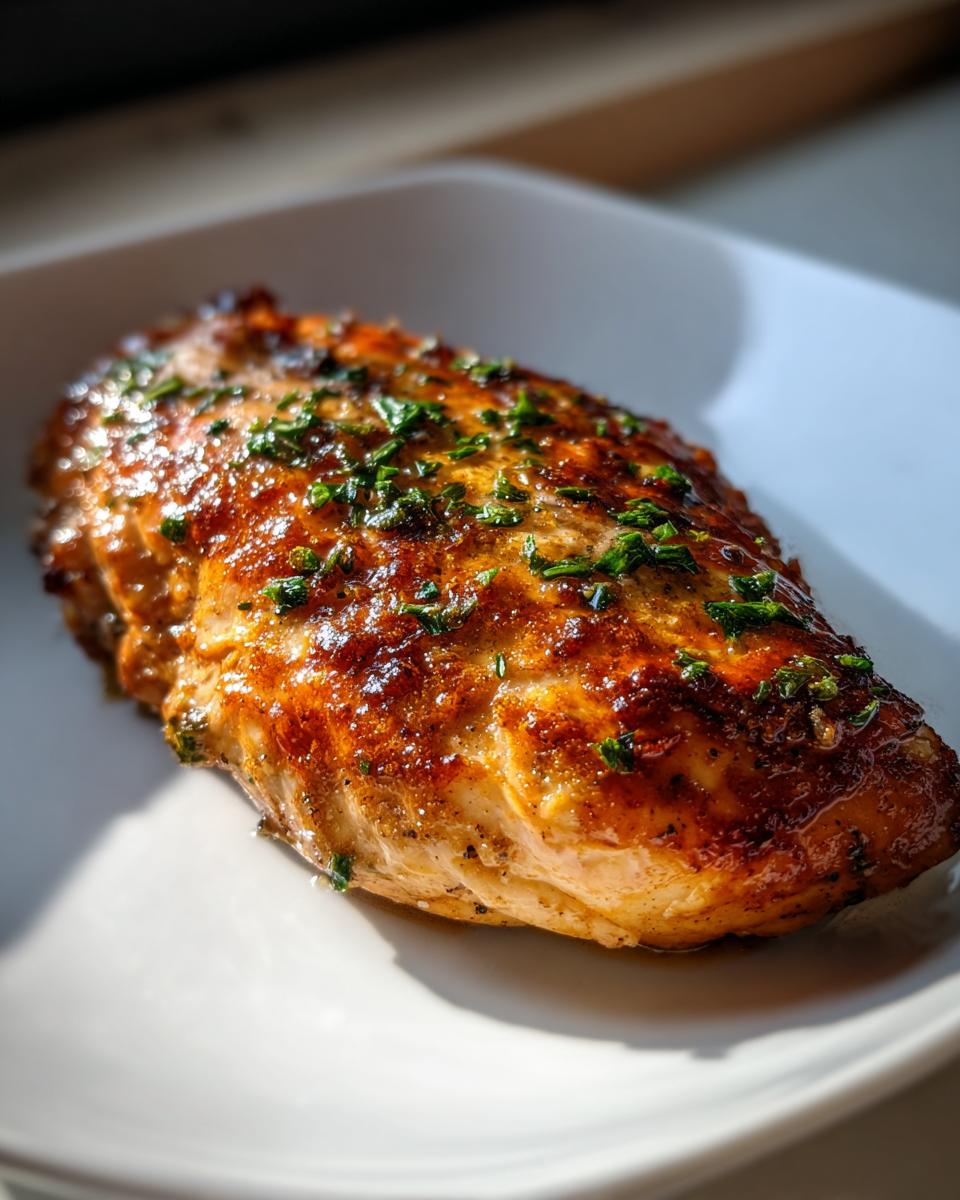 Close-up of a golden brown chicken breast garnished with chopped herbs on a white plate