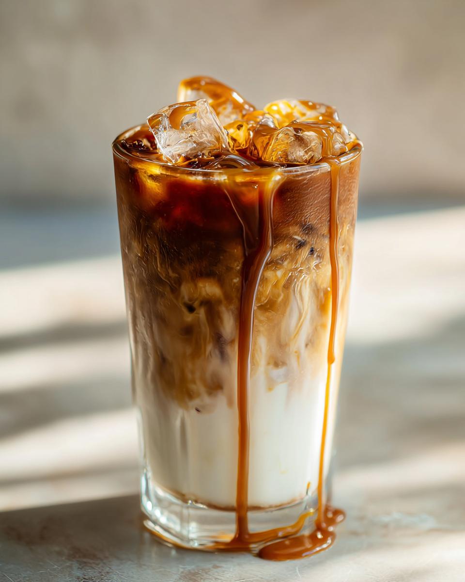 A tall glass filled with a layered caramel macchiato, featuring ice, milk, espresso, and caramel drizzle. A popular Starbucks drink.