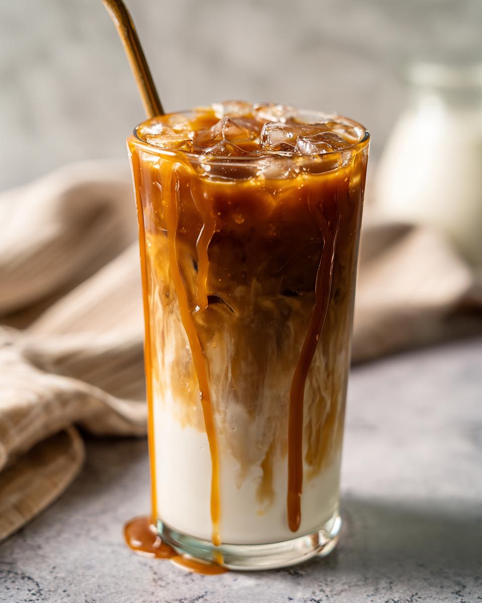 Close-up of a tall glass filled with iced coffee, milk, and caramel drizzle. A popular Starbucks drink.