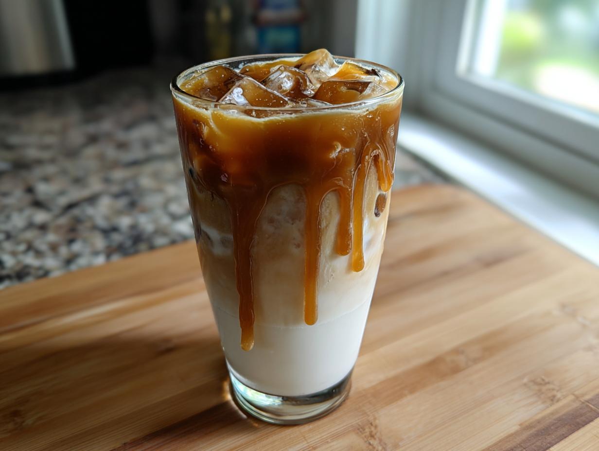 Close-up of a tall glass filled with ice, milk, espresso, and caramel drizzle, representing homemade Starbucks drinks.