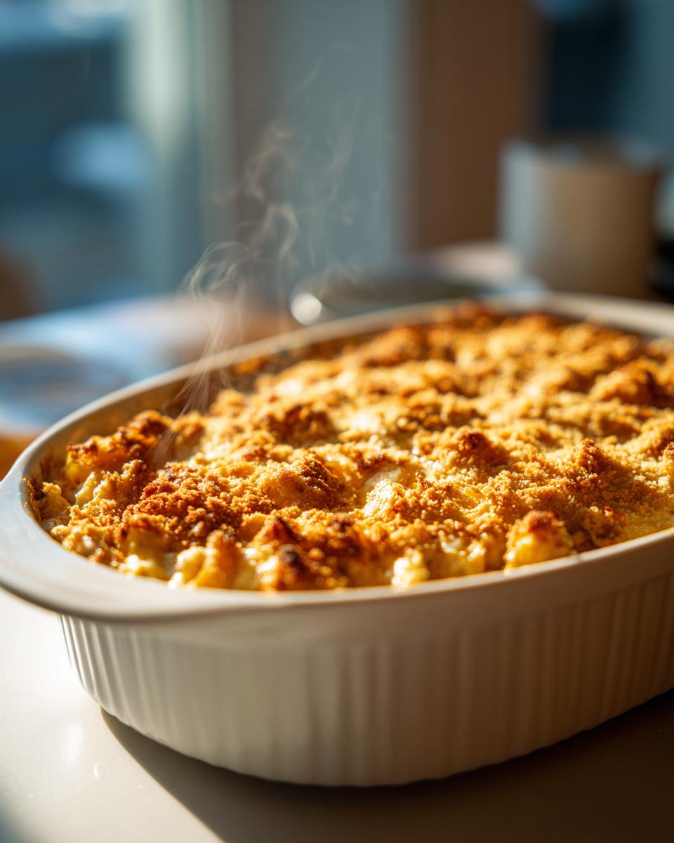 Steaming hot chicken casserole with a golden crunchy topping in a white ceramic dish