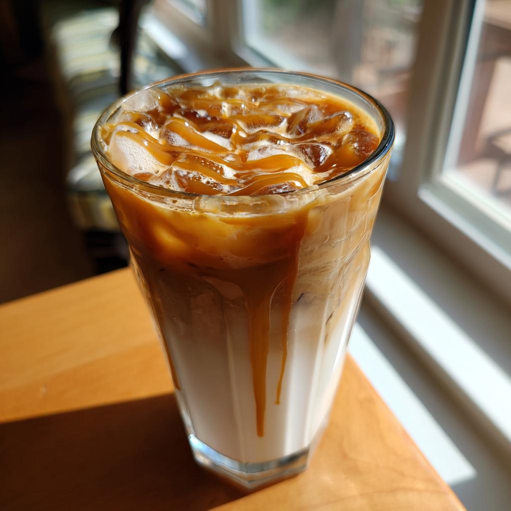 A glass of iced caramel Starbucks drink with milk and caramel drizzle on top