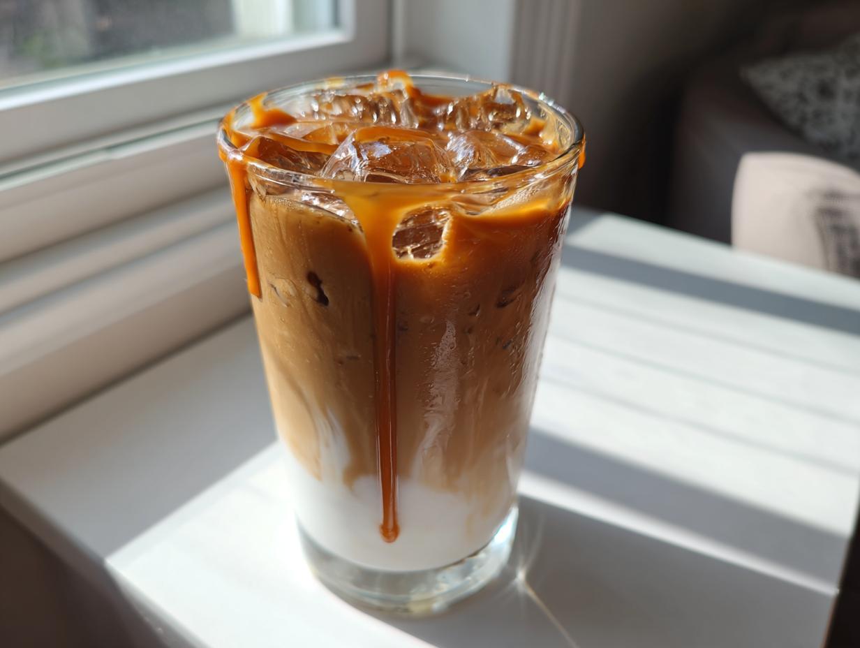 Glass of iced caramel Starbucks drinks with milk and ice cubes on a bright table.