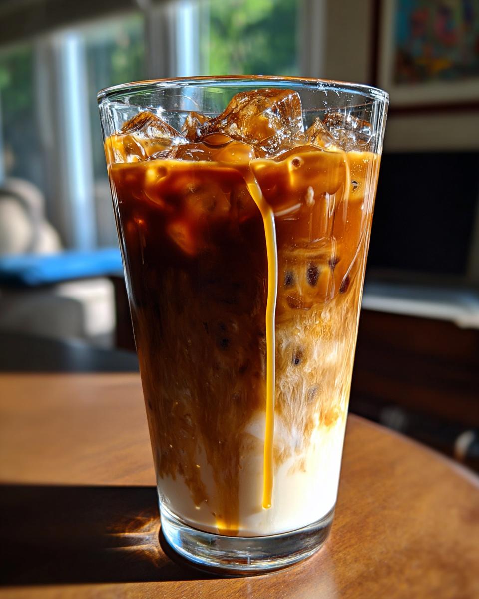 Close-up of iced coffee with swirling milk and ice cubes in a clear glass, starbucks drinks