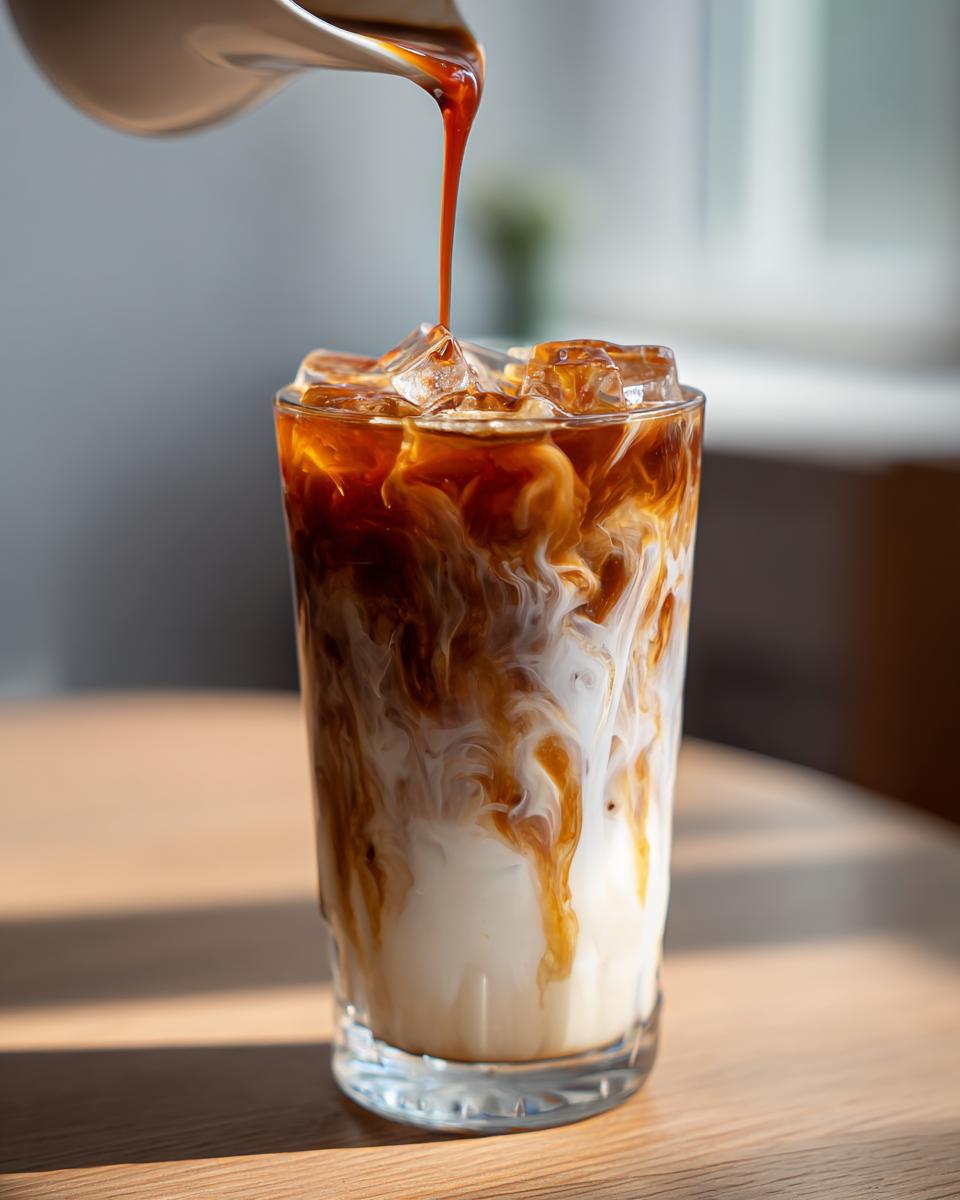 Iced coffee Starbucks drinks with milk swirling as coffee is poured over ice in a glass.