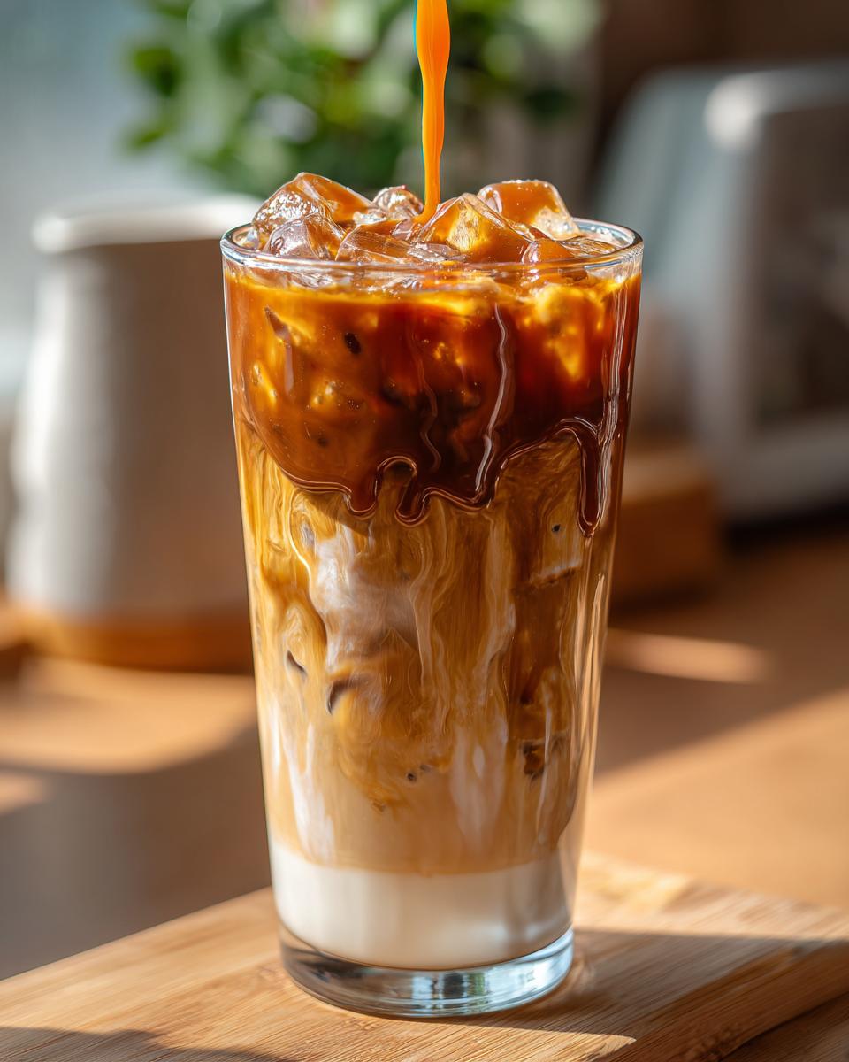 Close-up of an iced coffee with milk and espresso being poured, a refreshing Starbucks drink.