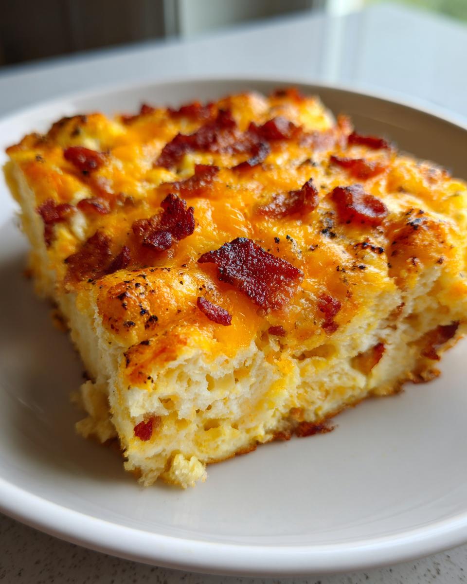 A slice of irresistible breakfast casserole topped with melted cheese and crispy bacon on a white plate.