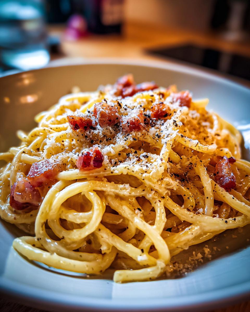Close-up of a bowl of spaghetti carbonara, a classic Italian pasta dish with pancetta, egg, hard cheese, and black pepper.