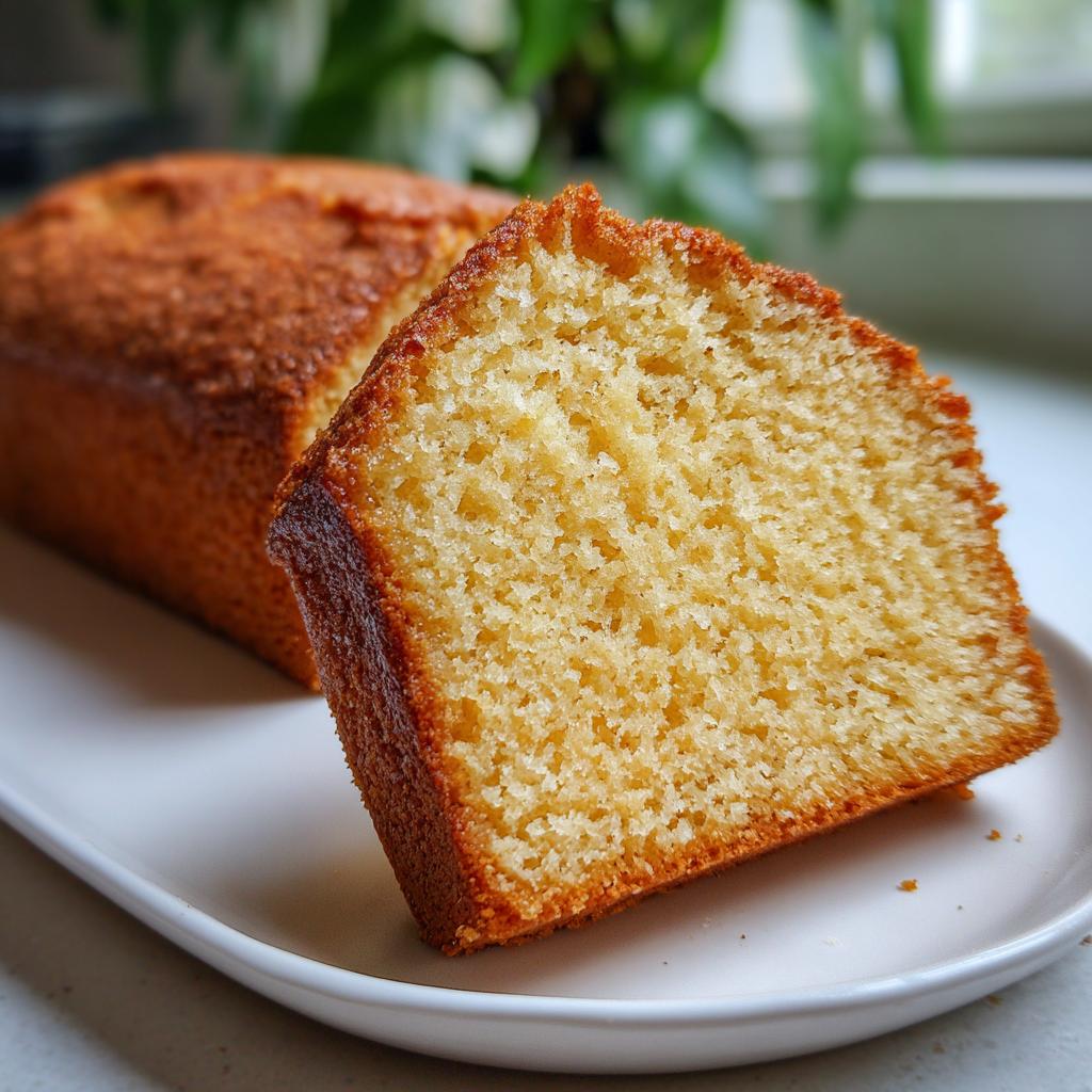 A close-up of a slice from an irresistible vanilla cake, showing its fluffy texture and golden-brown crust.
