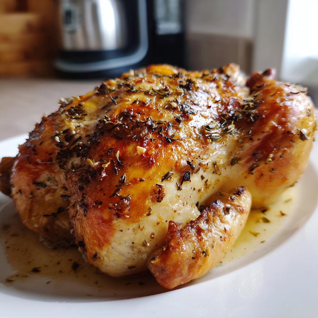 A whole roasted chicken, seasoned with herbs and glistening with juices, served on a white plate.