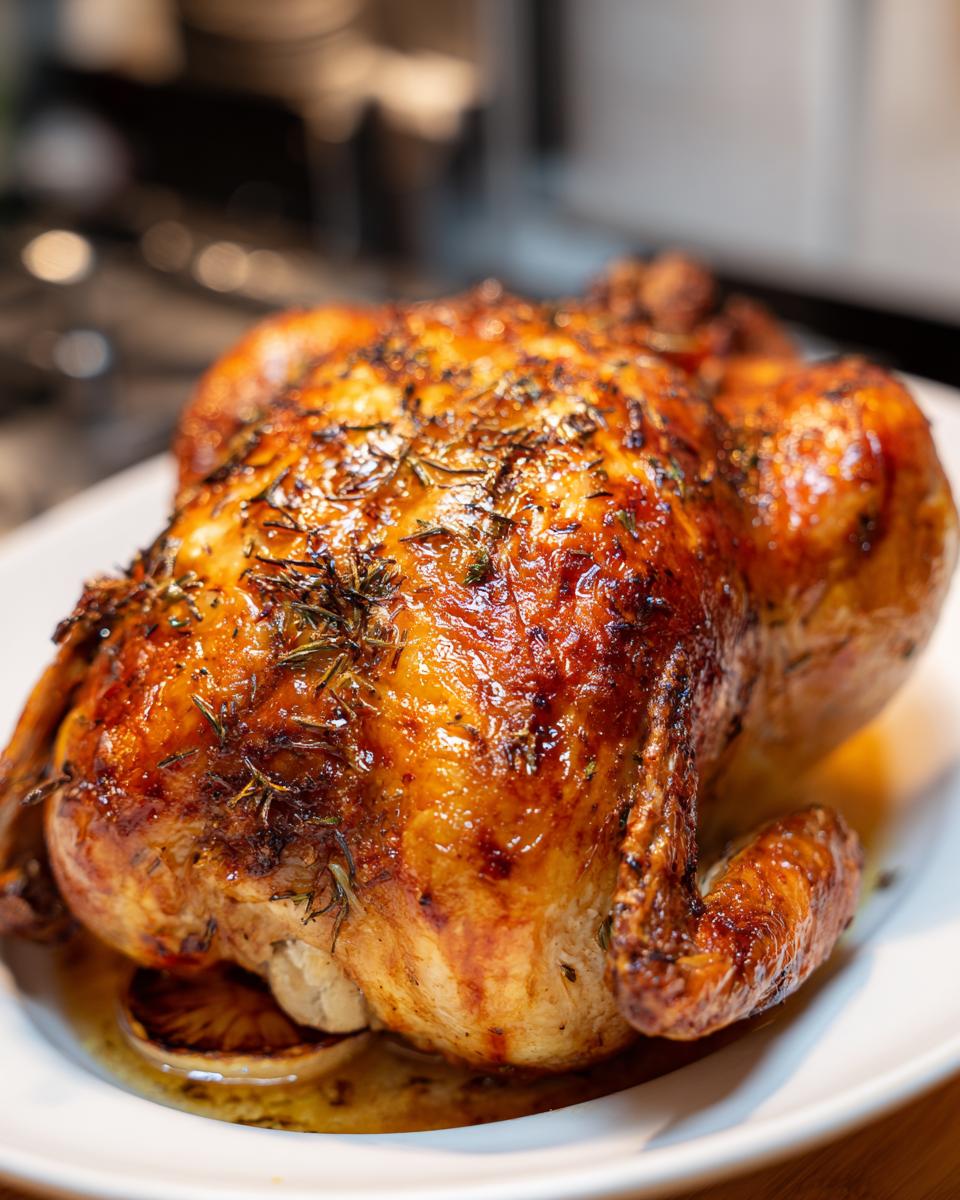 A perfectly roasted whole chicken with crispy golden-brown skin, seasoned with herbs, resting on a white platter.