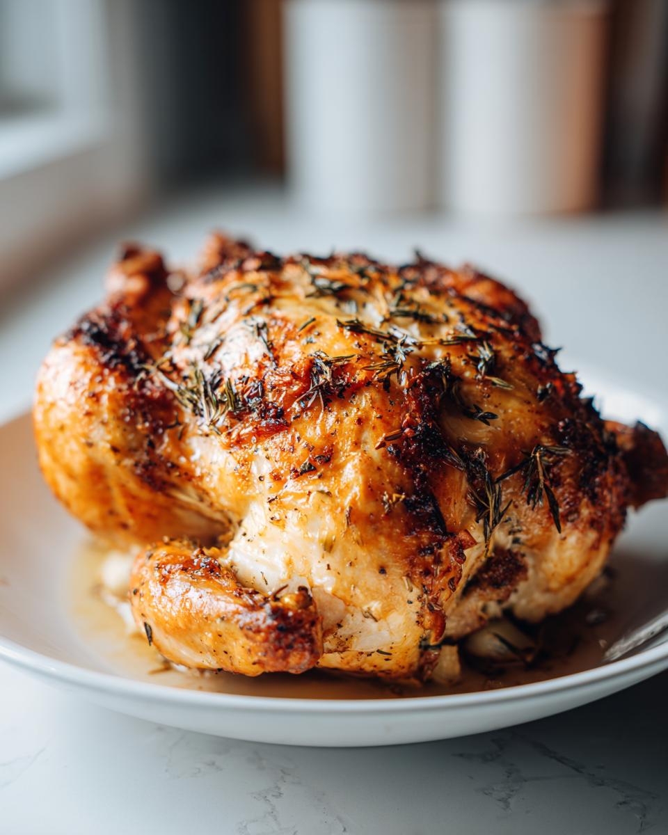 A whole roasted chicken, golden brown and seasoned with herbs, served on a white plate.