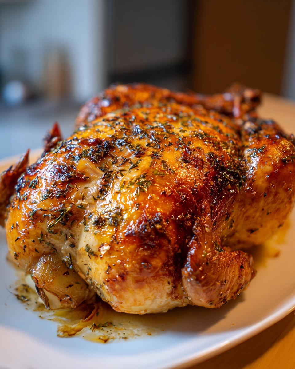 A perfectly roasted whole chicken with crispy golden skin, seasoned with herbs, served on a white plate.