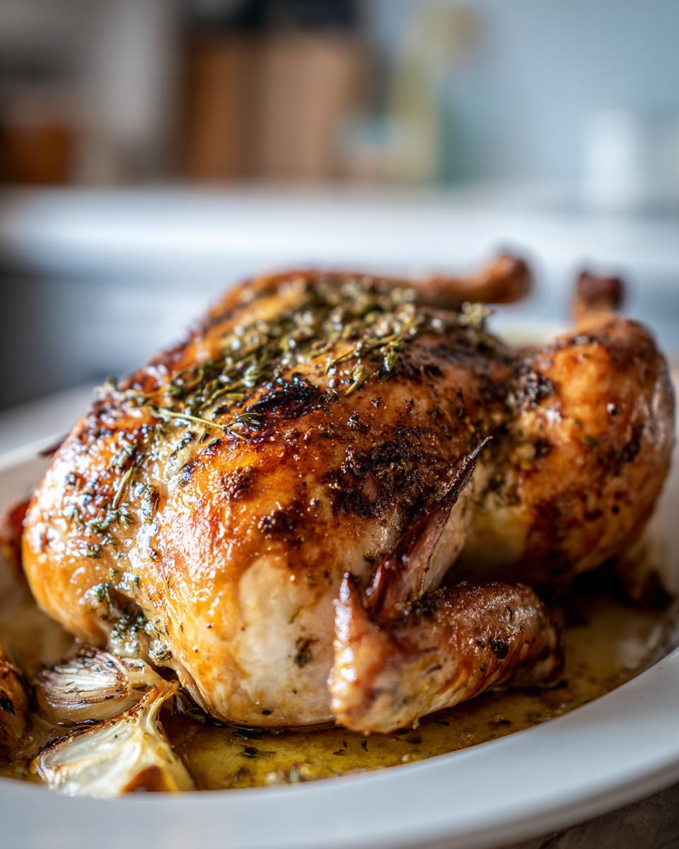 A perfectly roasted whole chicken, golden brown and glistening, topped with fresh herbs and served with roasted garlic.