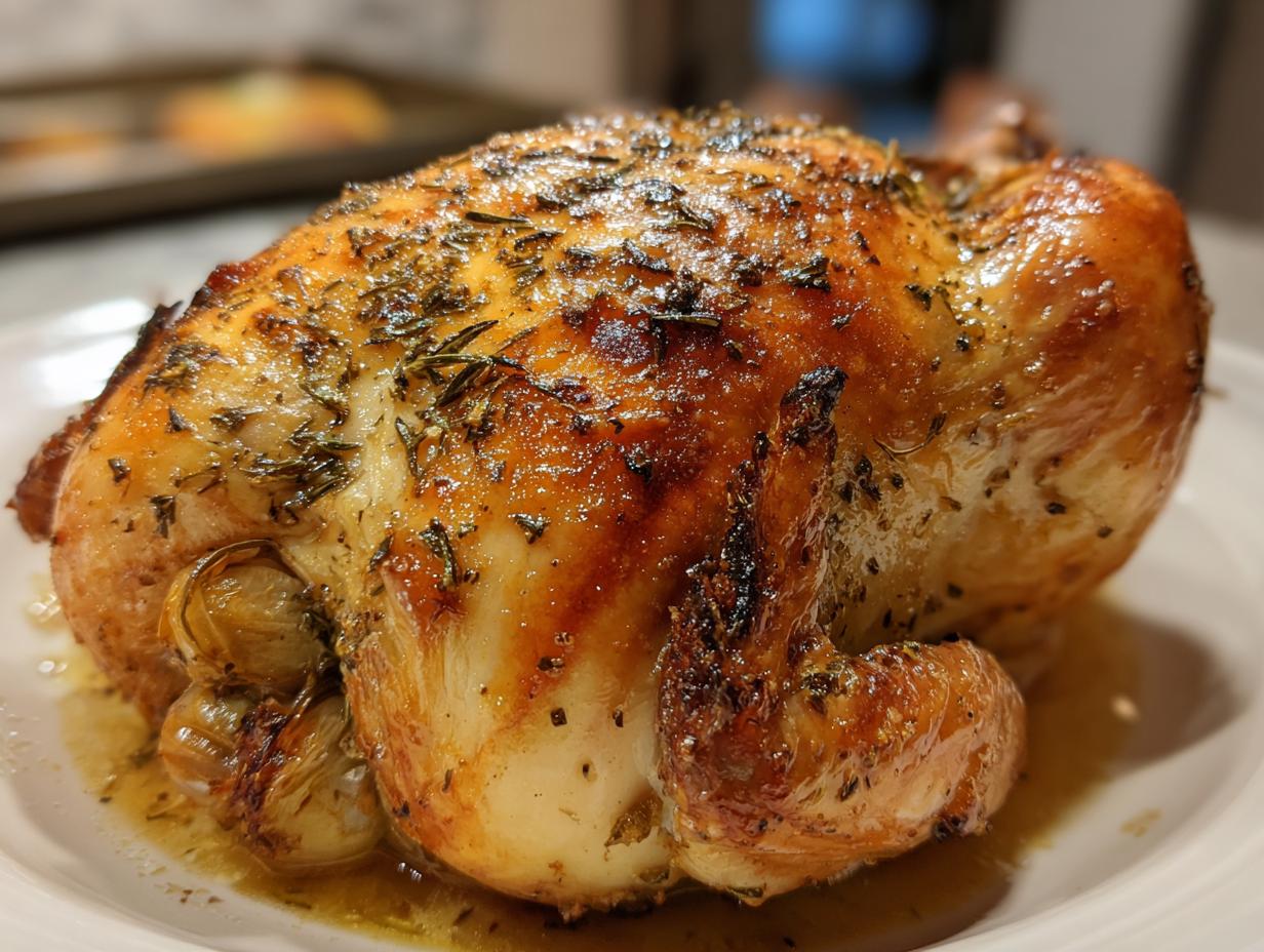 A perfectly roasted whole chicken seasoned with herbs, glistening with juices, ready to be served.