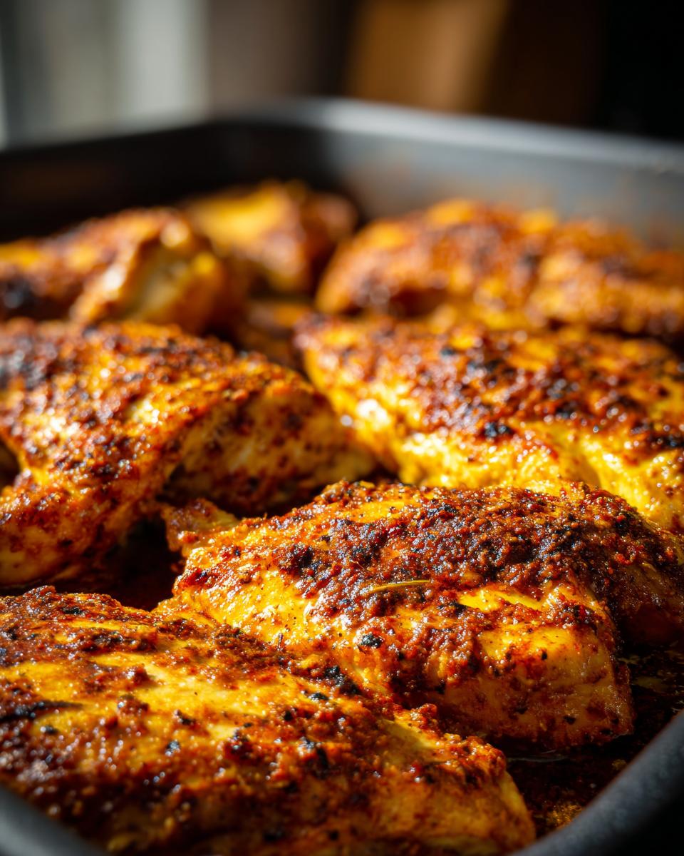 Close-up of juicy baked chicken breasts seasoned with a rich, red spice rub in a baking dish.