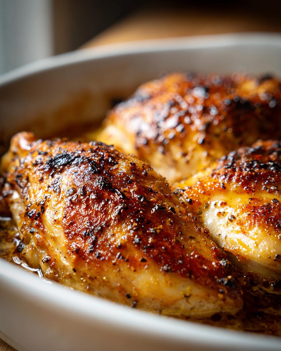 Close-up of juicy baked chicken with crispy seasoned golden skin in a white dish