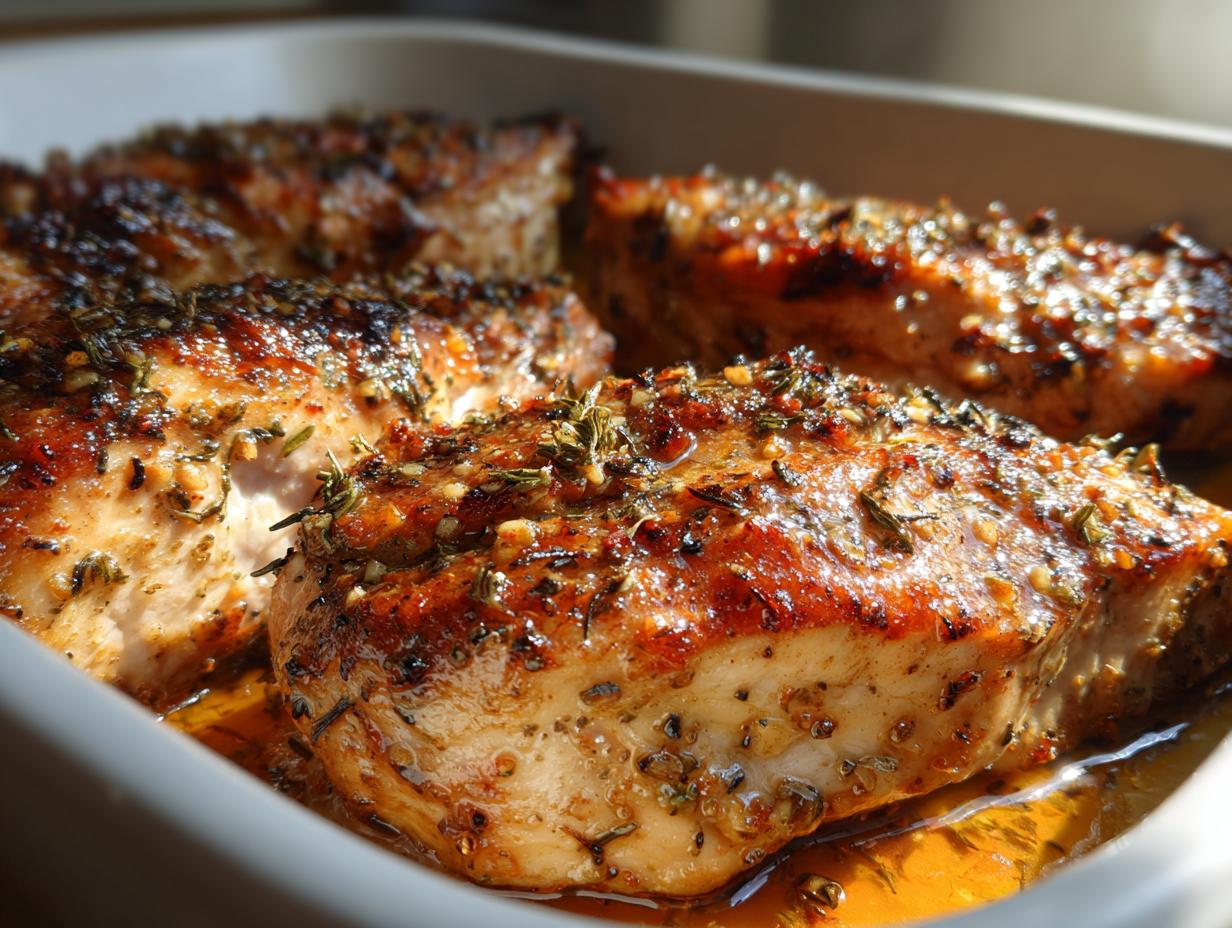 Close-up of juicy baked chicken breasts seasoned with herbs and spices in a baking dish.