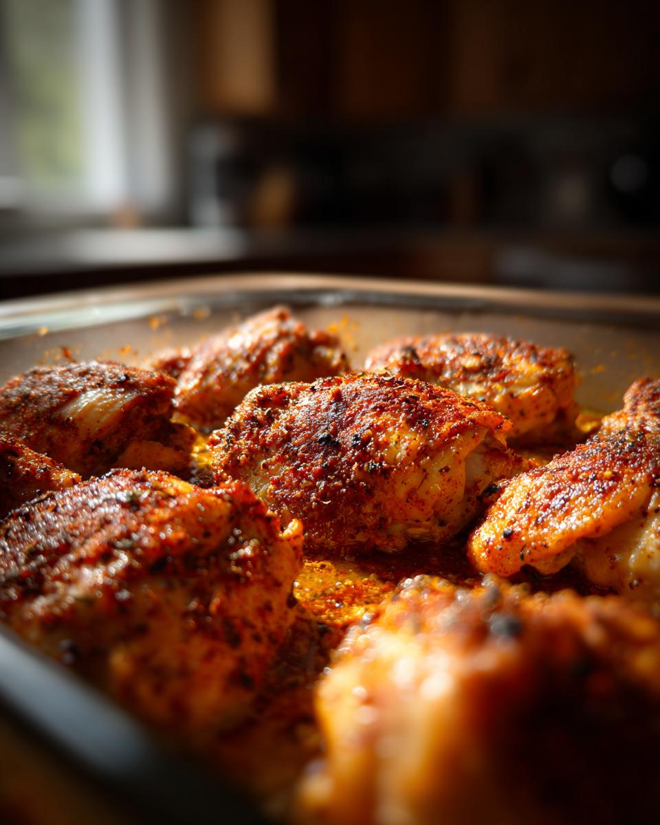 Close-up of seasoned, juicy baked chicken pieces in a baking dish, part of delicious baked chicken recipes.