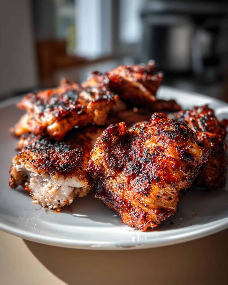 Close-up of a plate of perfectly baked chicken thighs, seasoned and slightly charred.