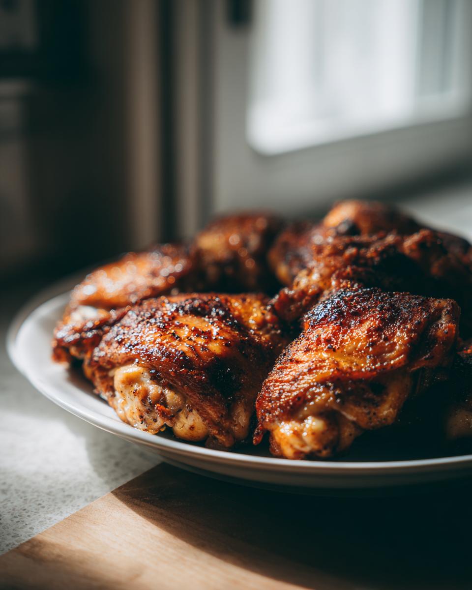 Close-up of a plate piled high with perfectly baked, crispy chicken thighs.