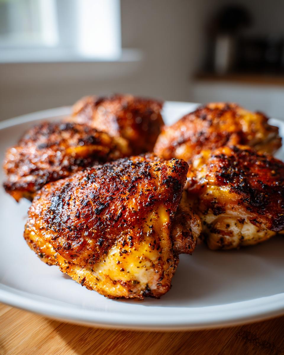 Close-up of five perfectly baked chicken thighs on a white plate, showcasing crispy skin and seasoned crust.