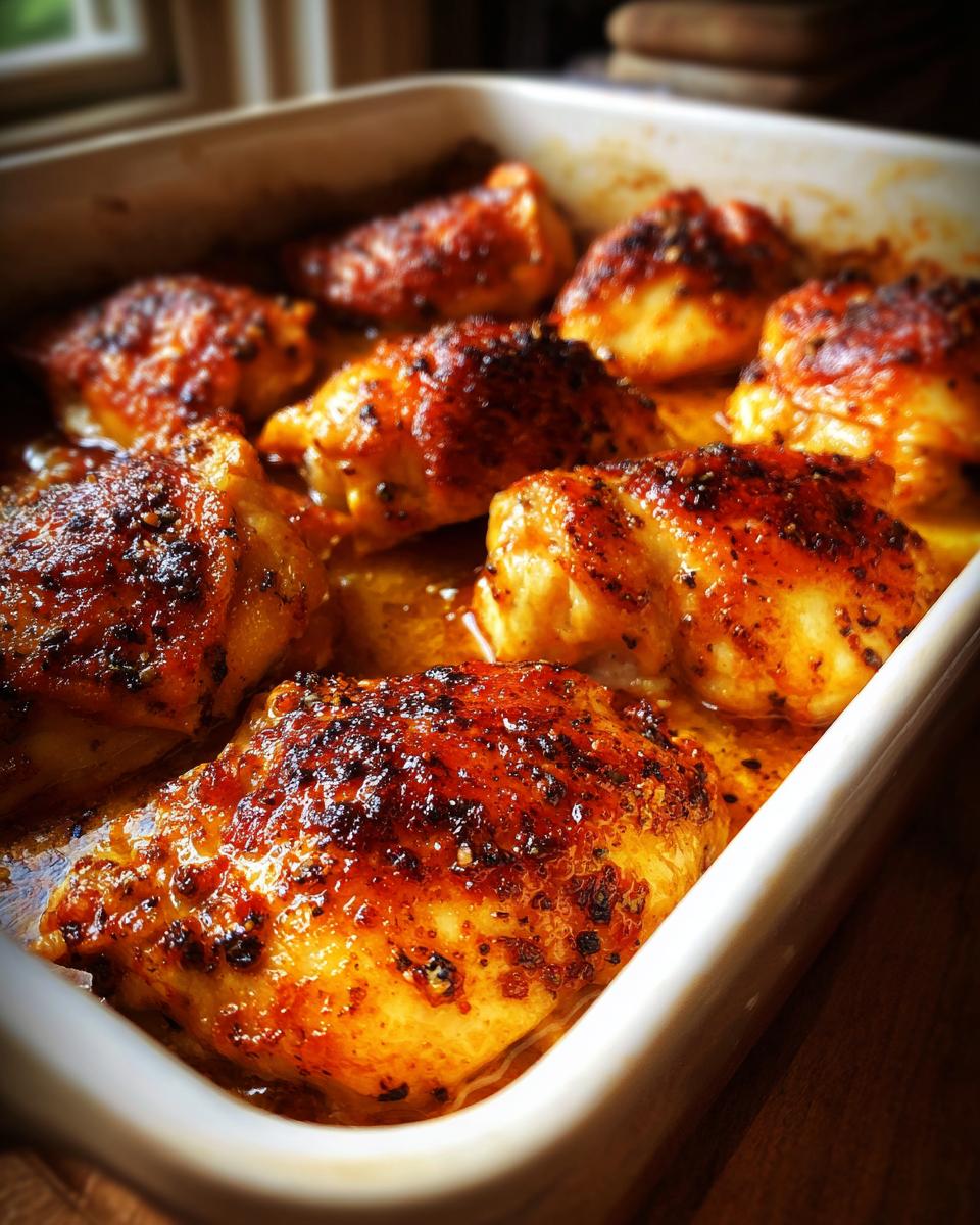 Close-up of juicy baked chicken thighs with crispy skin, seasoned and baked in a white dish.