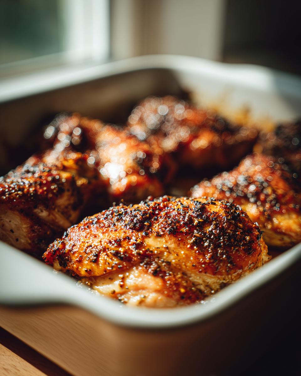 Close-up of juicy baked chicken thighs with crispy seasoned skin in a baking dish.