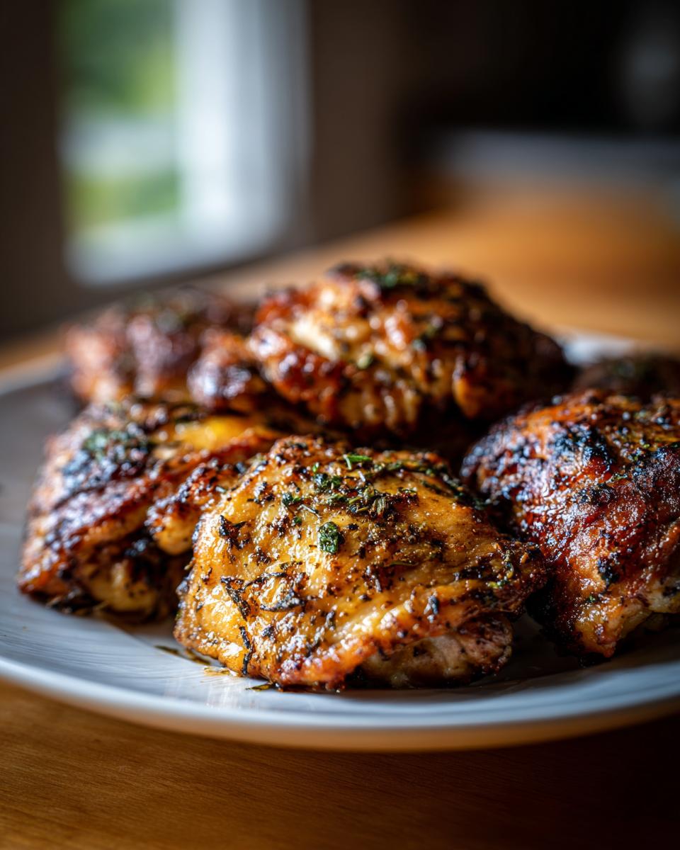 A plate of perfectly baked, juicy chicken thighs seasoned with herbs, showcasing a delicious chicken thigh dinner idea.