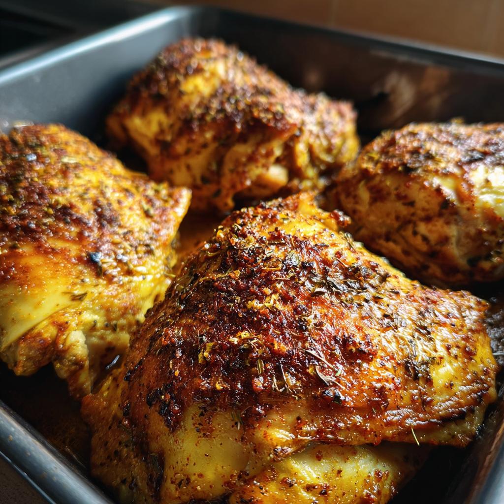Close-up of four juicy baked chicken thighs seasoned with herbs in a baking dish.