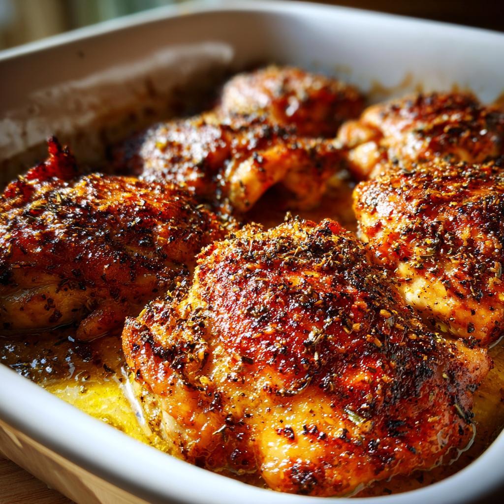 Close-up of baked chicken thighs seasoned with herbs in a white baking dish.