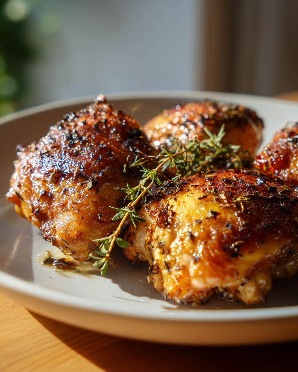 Close-up of four perfectly baked chicken thighs, glistening and seasoned with herbs, served on a plate.