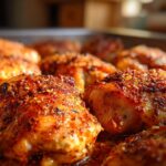 Close-up of perfectly seasoned and juicy baked chicken thighs, a delicious addition to baked chicken recipes.