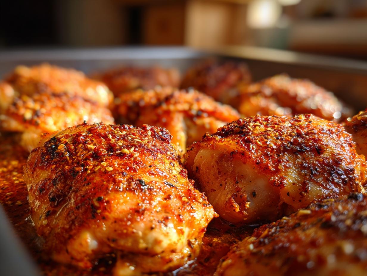 Close-up of perfectly seasoned and juicy baked chicken thighs, a delicious addition to baked chicken recipes.