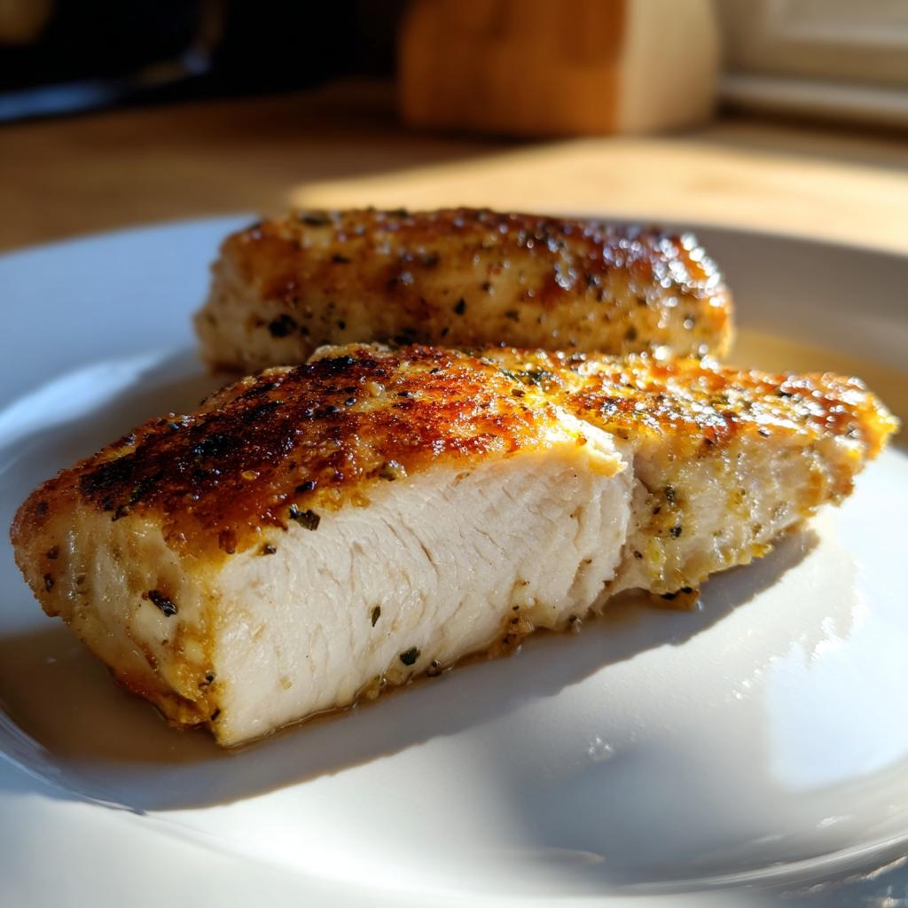 Close-up of a perfectly cooked, juicy chicken breast recipe, sliced to show its tender interior and golden-brown crust.