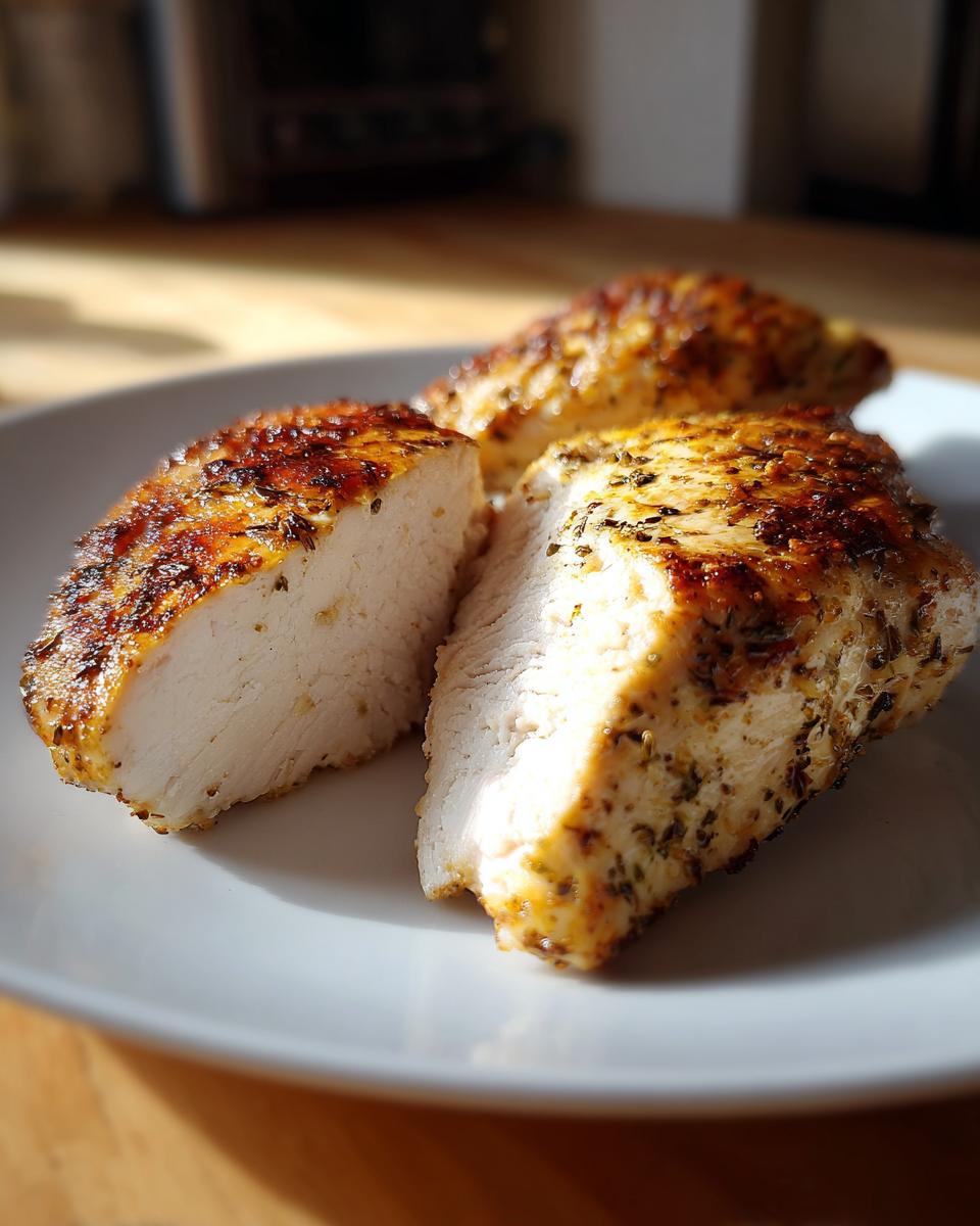 Close-up of perfectly cooked, juicy chicken breast recipes, seasoned with herbs and spices.