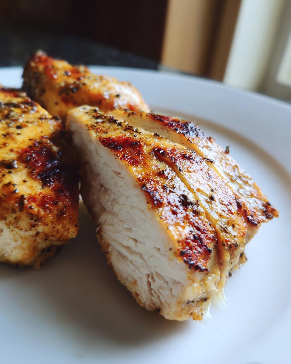 Close-up of perfectly cooked, juicy chicken breast recipes, sliced and seasoned with herbs.
