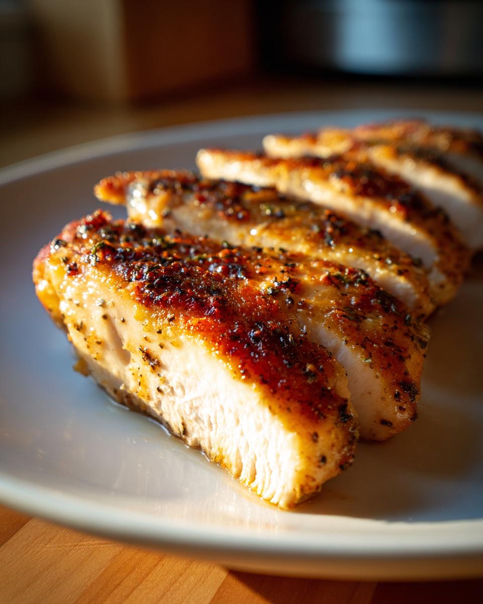 Close-up of perfectly cooked, sliced chicken breast with a golden-brown seasoned crust, showcasing its juicy interior.