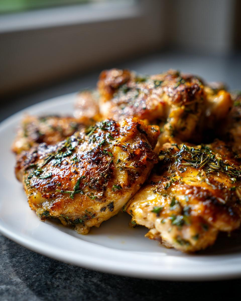 Close-up of a plate of juicy, herb-crusted chicken thighs, a perfect chicken thigh dinner idea.