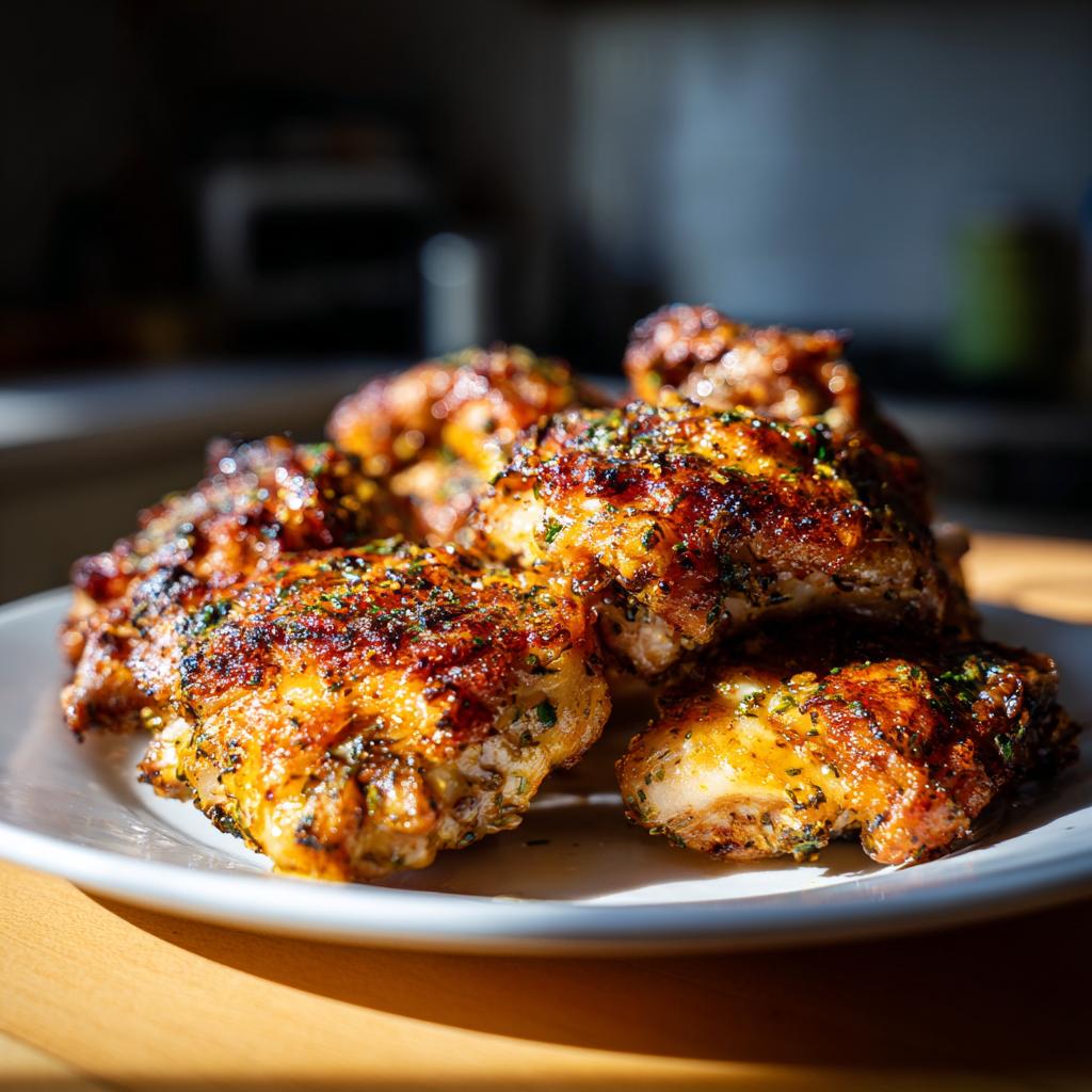 A plate piled high with perfectly cooked, juicy chicken thighs seasoned with herbs.