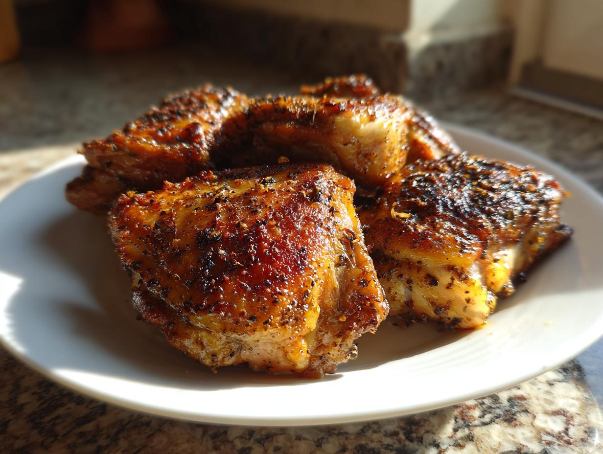 Close-up of perfectly baked, seasoned chicken thighs on a white plate, showcasing crispy skin and juicy meat.