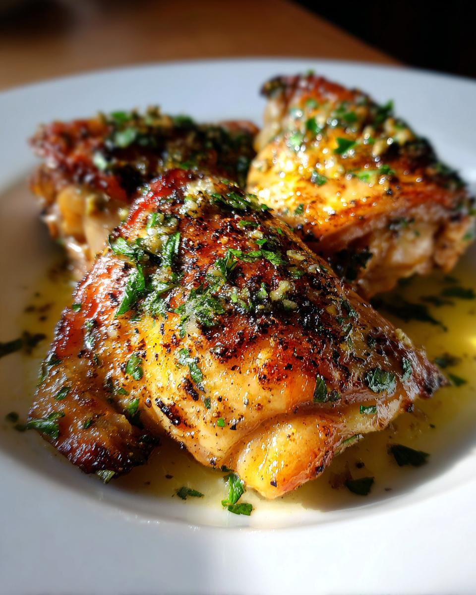 Close-up of juicy garlic butter chicken thighs garnished with herbs on a white plate.