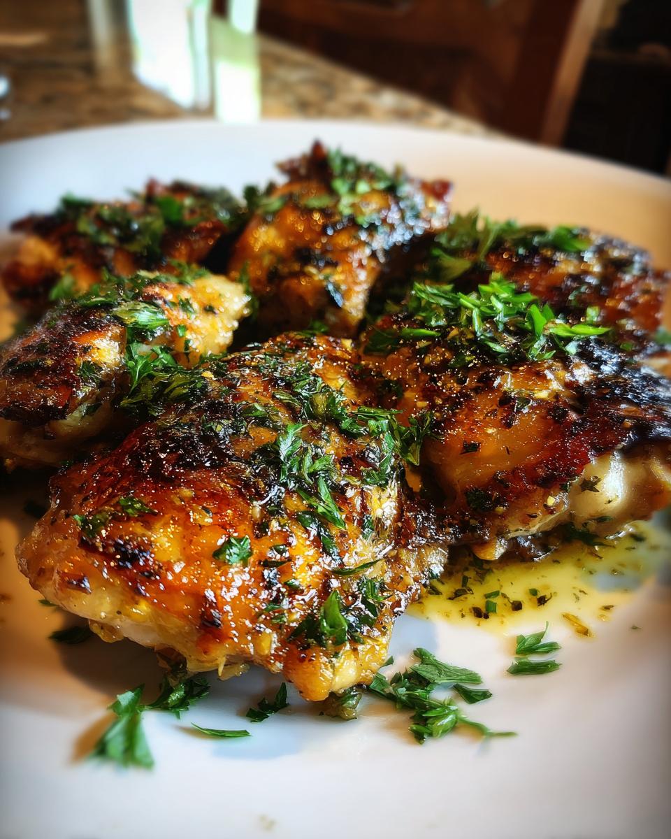 Close-up of juicy garlic butter chicken thighs garnished with fresh parsley on a white plate.