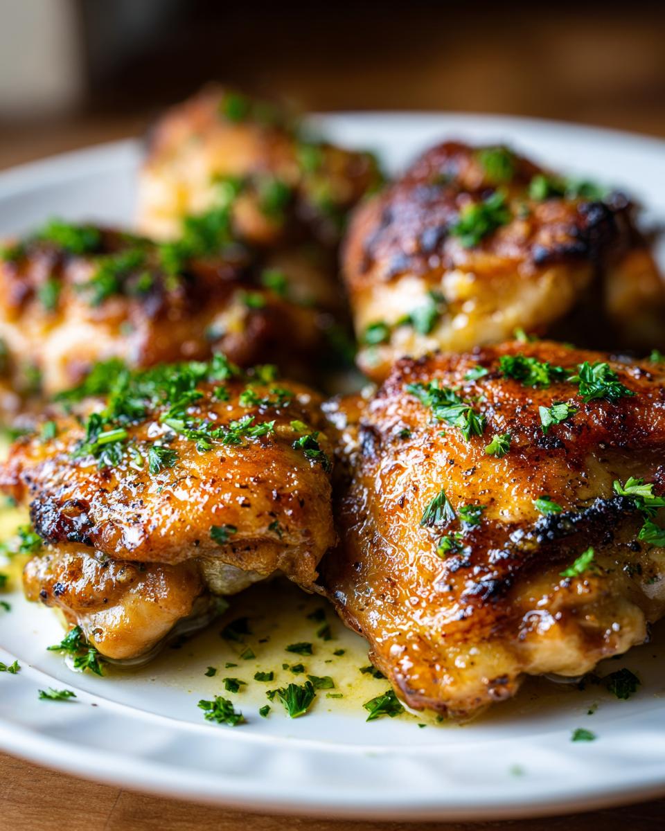 Plate of juicy garlic butter chicken thighs garnished with fresh chopped herbs