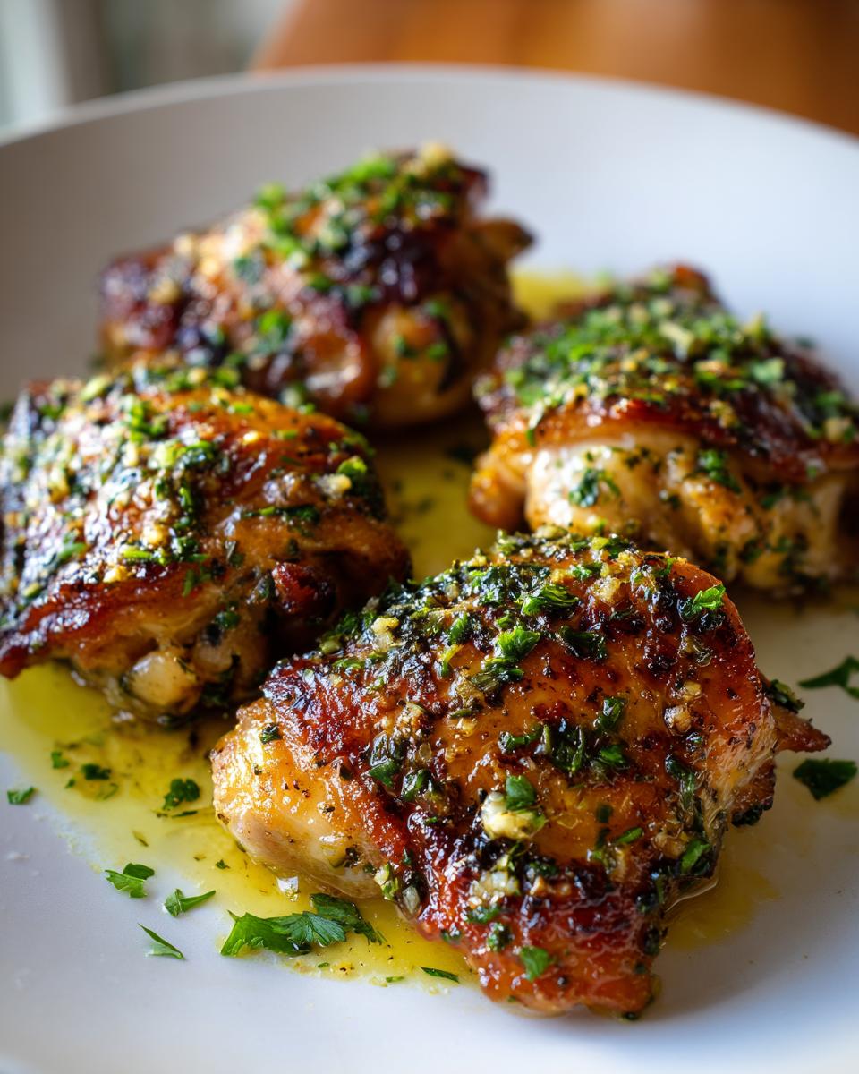 Four juicy garlic butter chicken thighs, glistening with sauce and sprinkled with fresh parsley, served on a white plate.