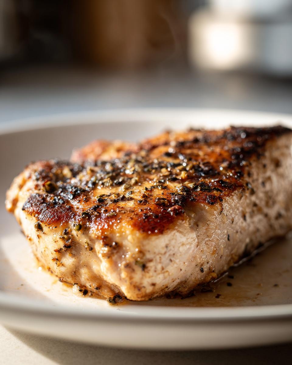 Close-up of a juicy grilled chicken breast seasoned with pepper on a white plate.
