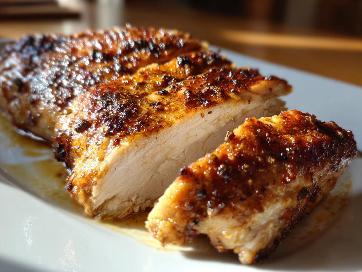 Close-up of a juicy grilled chicken breast dinner idea with a crispy seasoned crust.