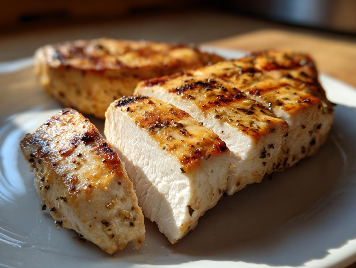 Close-up of perfectly grilled and sliced chicken breast, seasoned with herbs and spices.