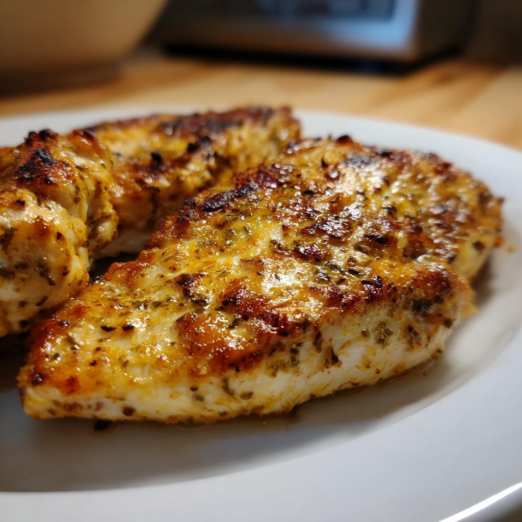 Close-up of two juicy grilled chicken breasts seasoned with herbs on a white plate.