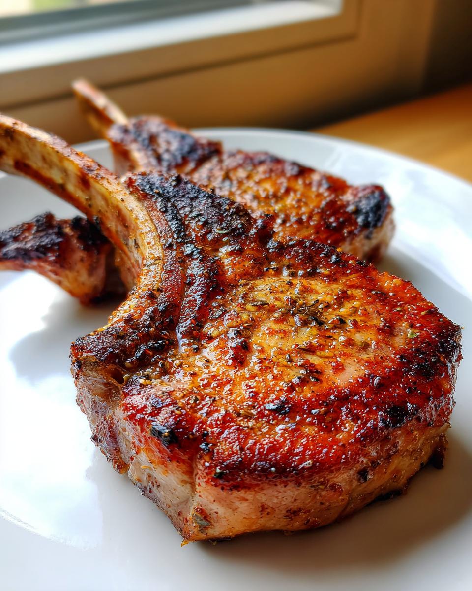 Two juicy grilled pork chops seasoned and cooked to perfection on a white plate.